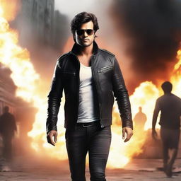 Render an image of Feroze Khan in a stylish leather jacket and shorts