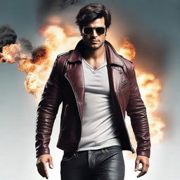 Render an image of Feroze Khan in a stylish leather jacket and shorts