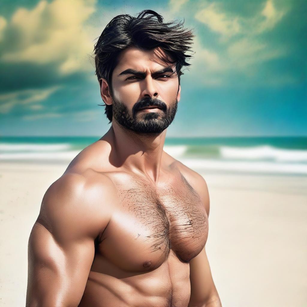 Generate an image of the actor Fawad Khan, shirtless on a beach