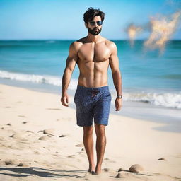 Generate an image of the actor Fawad Khan, shirtless on a beach