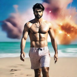 Generate an image of the actor Fawad Khan, shirtless on a beach