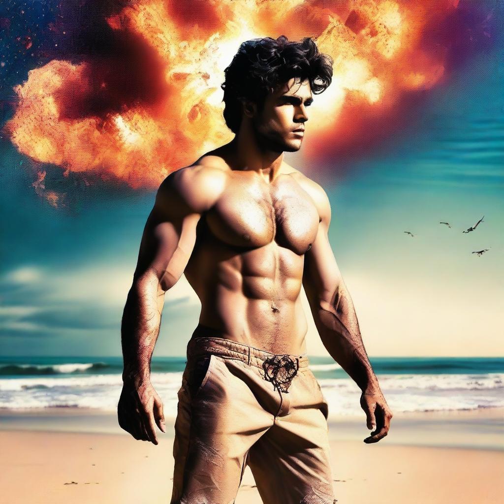 Create an image of the actor Feroze Khan, shirtless on a beach