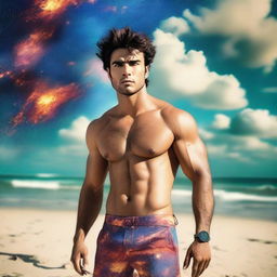 Create an image of the actor Feroze Khan, shirtless on a beach