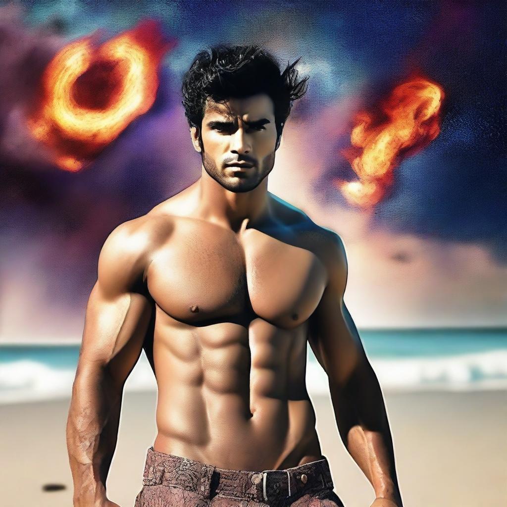 Create an image of the actor Feroze Khan, shirtless on a beach