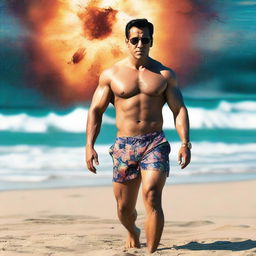 Generate an image of the actor Salman Khan, shirtless on a beach