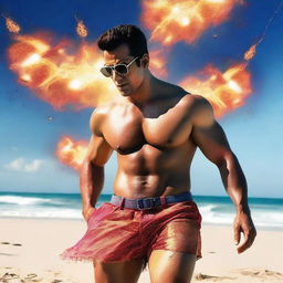 Generate an image of the actor Salman Khan, shirtless on a beach