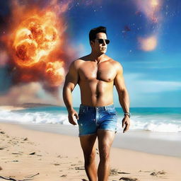 Generate an image of the actor Salman Khan, shirtless on a beach