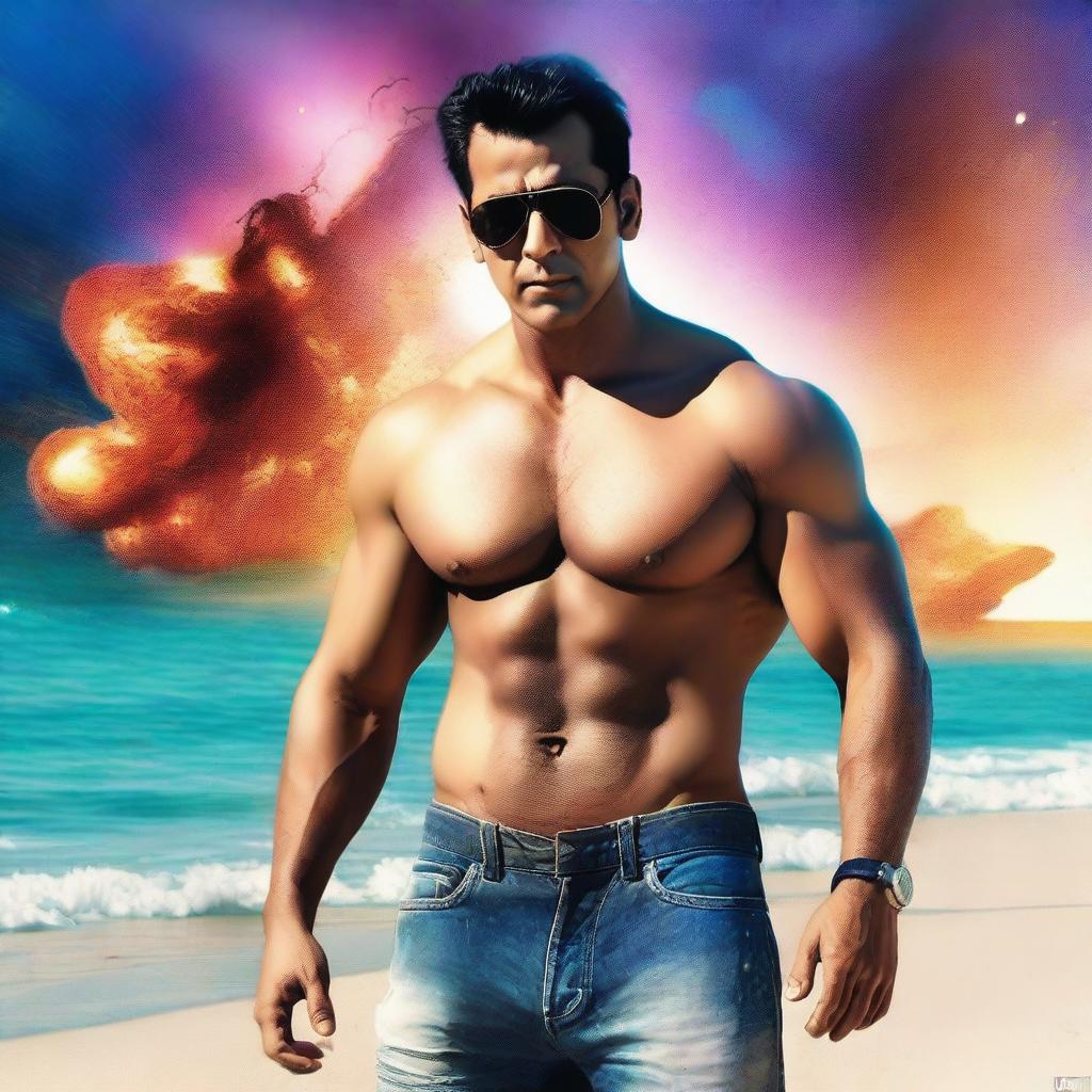 Generate an image of the actor Salman Khan, shirtless on a beach