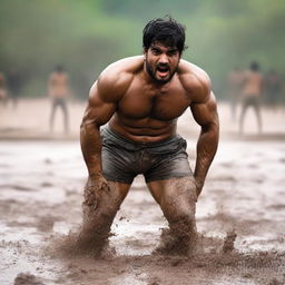 Generate a high-quality image of Feroze Khan, shirtless and in shorts, wrestling on a muddy ground