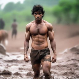 Generate a high-quality image of Feroze Khan, shirtless and in shorts, wrestling on a muddy ground