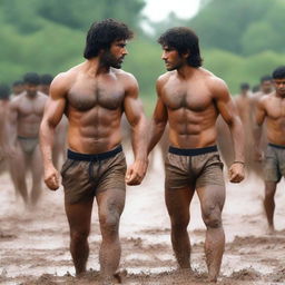 Generate a high-quality image of Feroze Khan, shirtless and in shorts, wrestling on a muddy ground