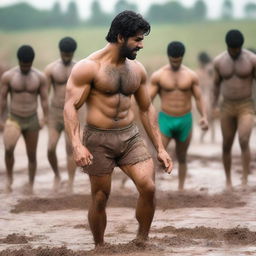 Generate a high-quality image of Feroze Khan, shirtless and in shorts, wrestling on a muddy ground