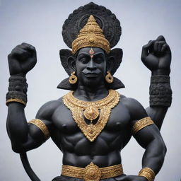 A majestic statue of the Hindu god Hanuman, intricately carved from black stone.