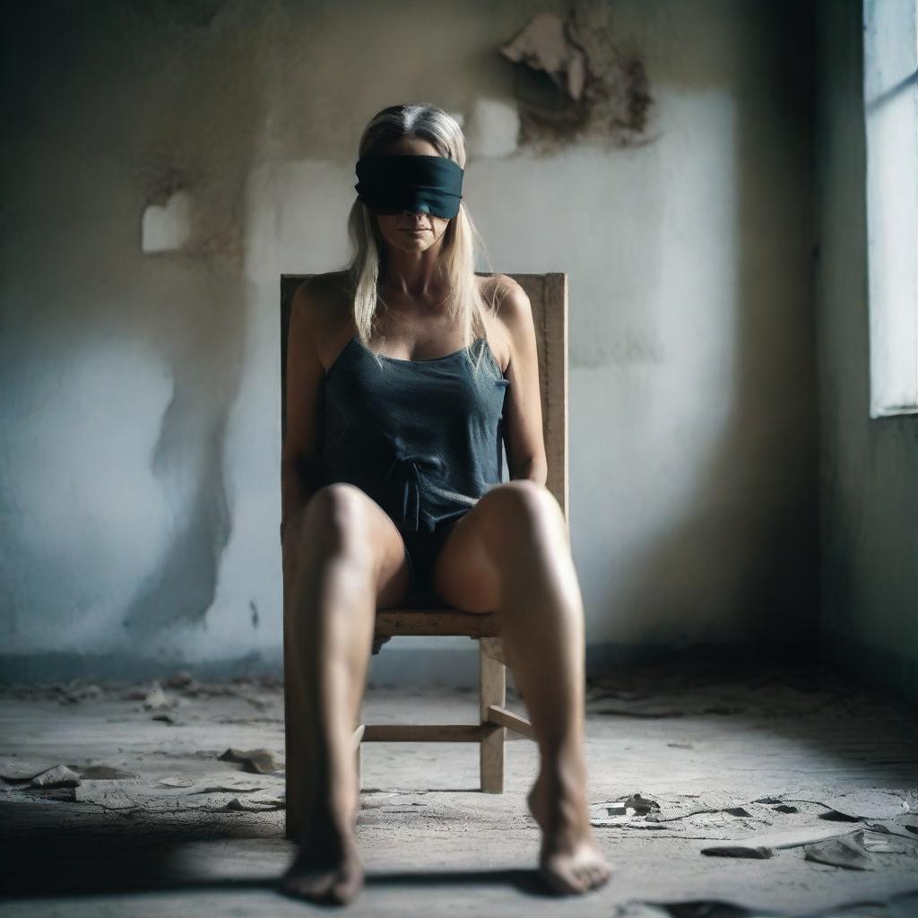 Generate an image of a mature, attractive woman sitting on a chair in an abandoned room