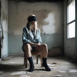 Generate an image of a mature, attractive woman sitting on a chair in an abandoned room