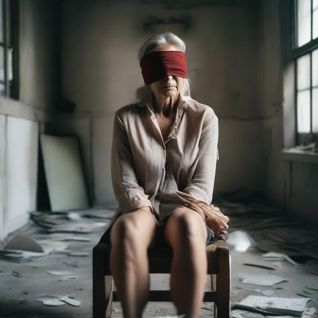 Generate an image of a mature, attractive woman sitting on a chair in an abandoned room