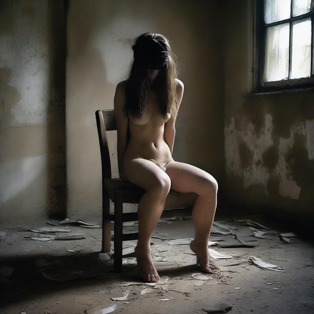 A suggestive image of a mature woman, unclothed, seated on a chair in an abandoned room