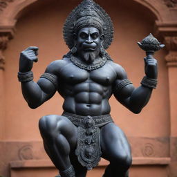 A majestic statue of the Hindu god Hanuman, intricately carved from black stone.