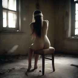 A suggestive image of a mature woman, unclothed, seated on a chair in an abandoned room