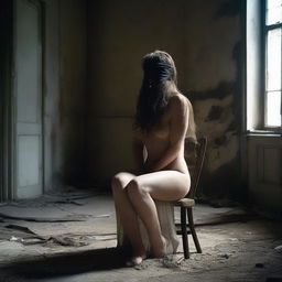 A suggestive image of a mature woman, unclothed, seated on a chair in an abandoned room