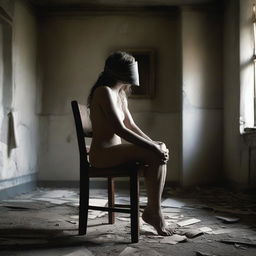 A suggestive image of a mature woman, unclothed, seated on a chair in an abandoned room