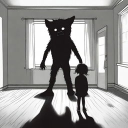 Create an image of a young girl standing in the middle of a room, holding the head of a monster that resembles a dog