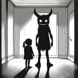 Create an image of a young girl standing in the middle of a room, holding the head of a monster that resembles a dog