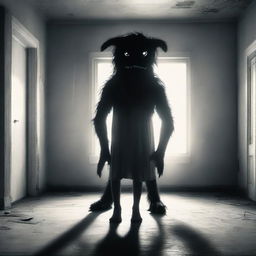 Create an image of a young girl standing in the middle of a room, holding the head of a monster that resembles a dog