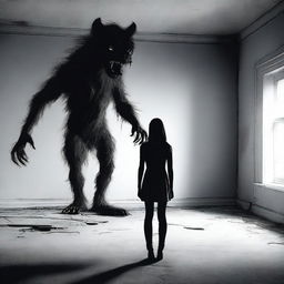 Create an image of a young woman standing in the middle of a room, holding the head of a monster that resembles a dog