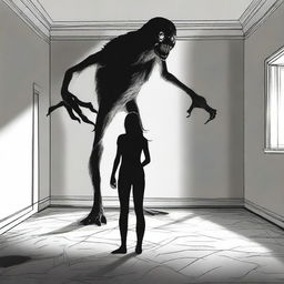 Create an image of a young woman standing in the middle of a room, holding the head of a monster that resembles a dog