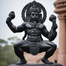 A majestic statue of the Hindu god Hanuman, intricately carved from black stone.