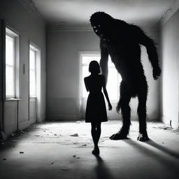 Create an image of a young woman standing in the middle of a room, holding the head of a monster that resembles a dog