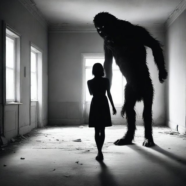 Create an image of a young woman standing in the middle of a room, holding the head of a monster that resembles a dog