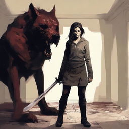 Create an image of a twenty-year-old young warrior woman who has defeated a monster with a dog's head