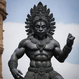 A majestic statue of the Hindu god Hanuman, intricately carved from black stone.