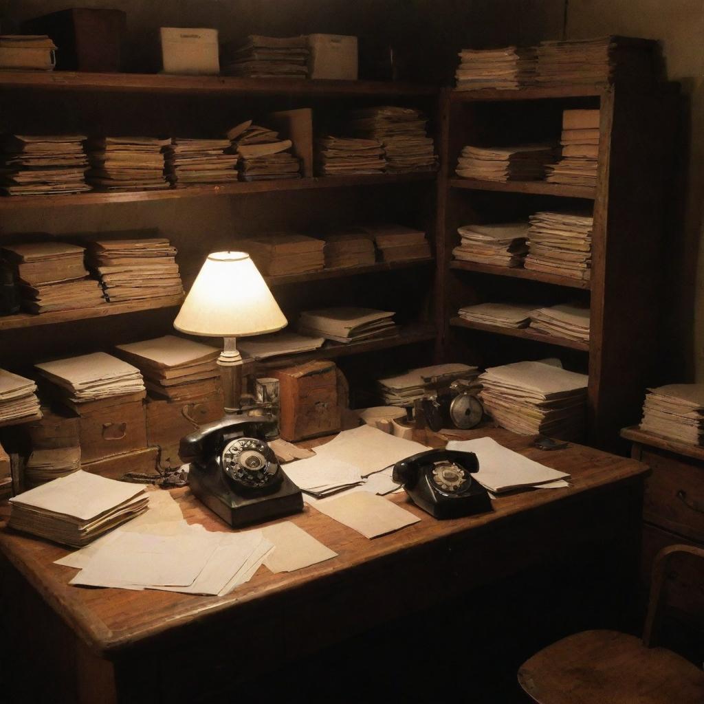 A dimly lit backroom with a vintage wooden desk, cluttered with paper stacks, antique lamp, and old rotary phone.