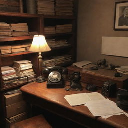 A dimly lit backroom with a vintage wooden desk, cluttered with paper stacks, antique lamp, and old rotary phone.