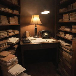 A dimly lit backroom with a vintage wooden desk, cluttered with paper stacks, antique lamp, and old rotary phone.