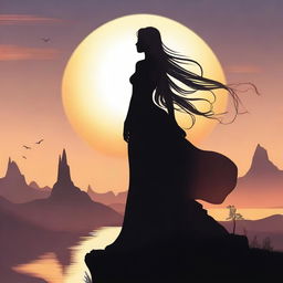 A giantess towering over a majestic landscape, her silhouette contrasting against the setting sun