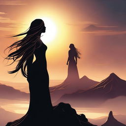 A giantess towering over a majestic landscape, her silhouette contrasting against the setting sun