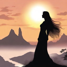 A giantess towering over a majestic landscape, her silhouette contrasting against the setting sun