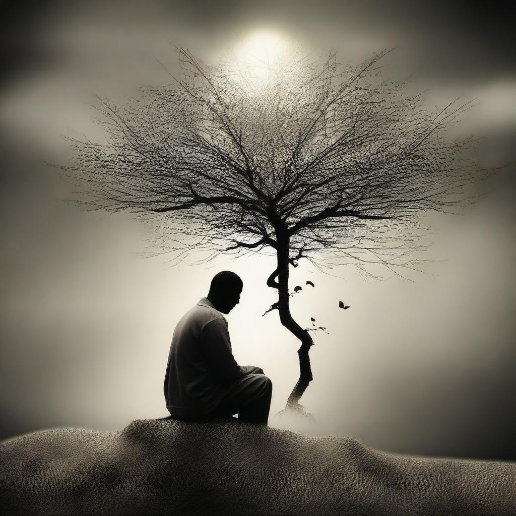 Create an image that embodies the concept of a person's struggle with life, the elusive nature of hope, the persistence of faith, and the power of thoughts and advice