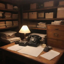 A dimly lit backroom with a vintage wooden desk, cluttered with paper stacks, antique lamp, and old rotary phone.