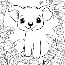 Generate an image suitable for a children's colouring book, featuring a variety of cute and friendly animals in a fun and engaging scene