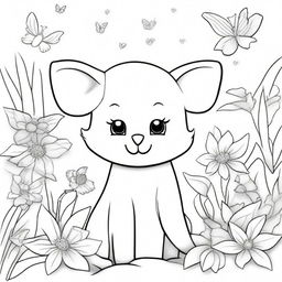 Generate an image suitable for a children's colouring book, featuring a variety of cute and friendly animals in a fun and engaging scene