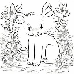 Generate an image suitable for a children's colouring book, featuring a variety of cute and friendly animals in a fun and engaging scene