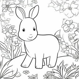 Generate an image suitable for a children's colouring book, featuring a variety of cute and friendly animals in a fun and engaging scene