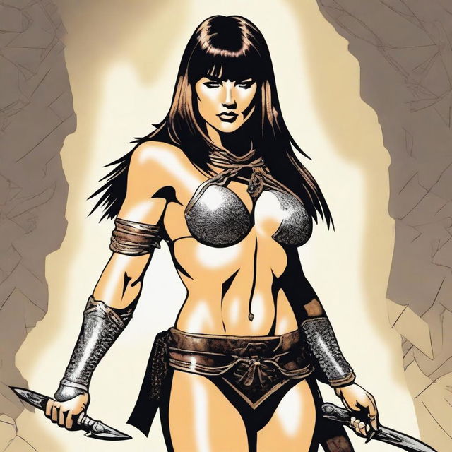 Create a depiction of Xena, the Warrior Princess, in a provocative but tasteful pose