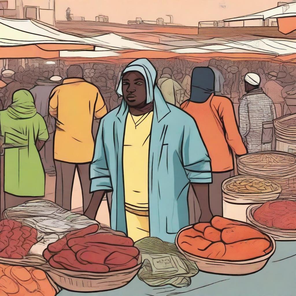 Illustrate a scene where a person is about to steal something in a market