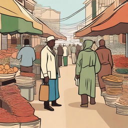 Illustrate a scene where a person is about to steal something in a market